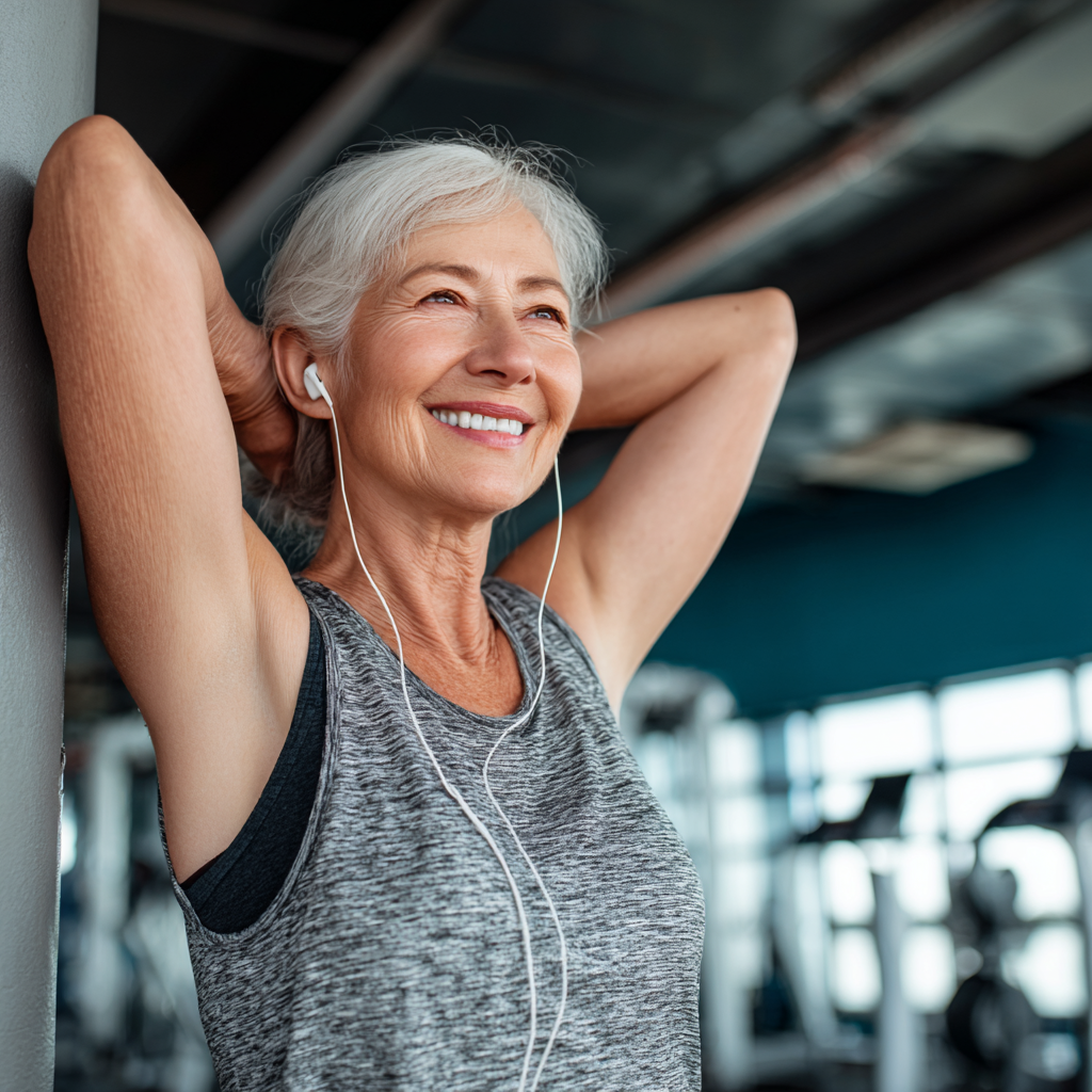 Smiling elderly European woman in comfortable fitness attire stretching in a modern gym environment, expressing joy and vitality