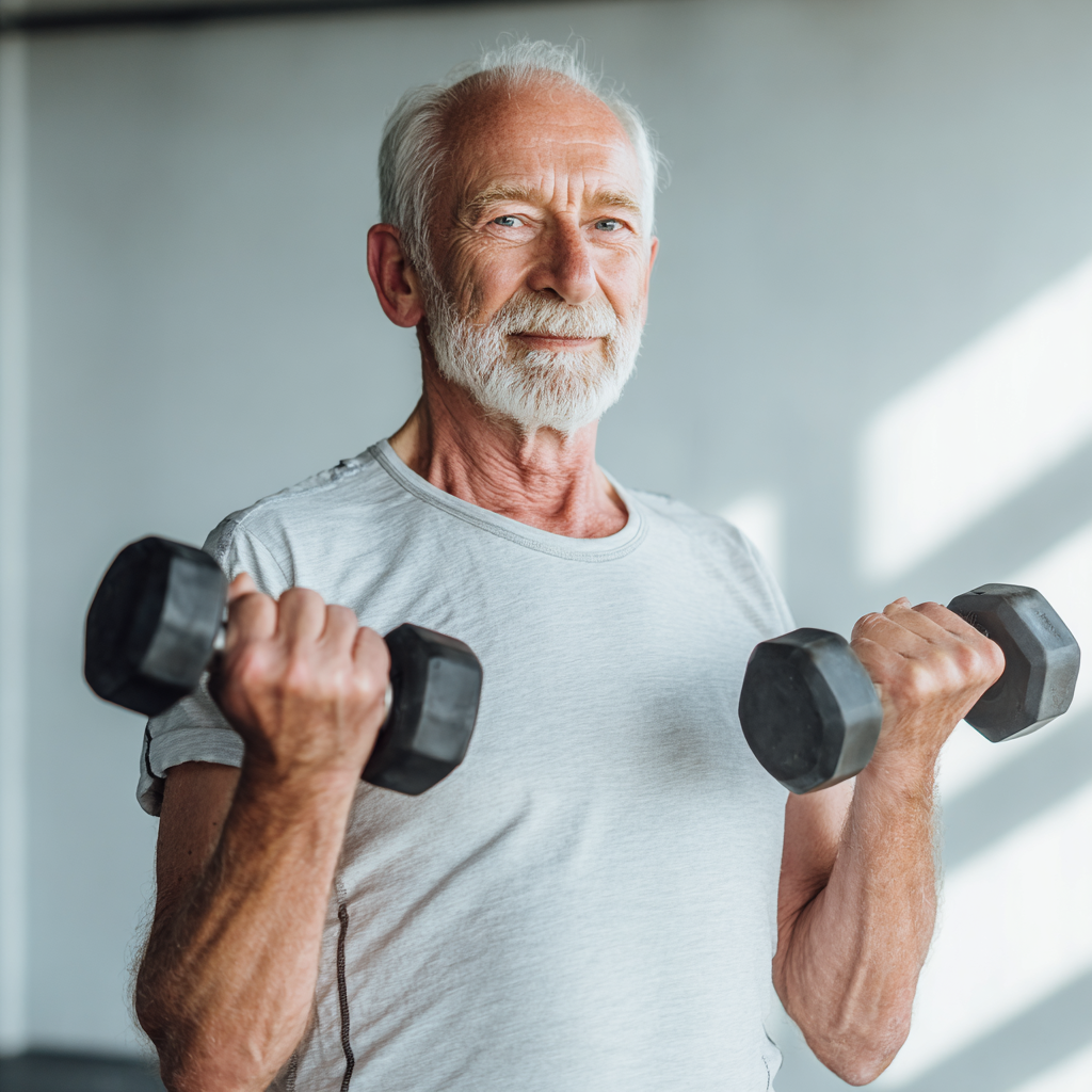 Happy elderly European man performing light strength exercises with dumbbells in a bright fitness studio, showing proper form and enthusiasm