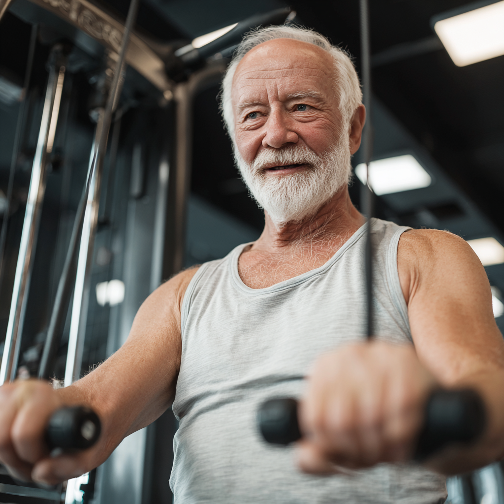 Cheerful elderly European couple doing simple office stretches together in a bright room, wearing comfortable clothing and showing enjoyment in their movement